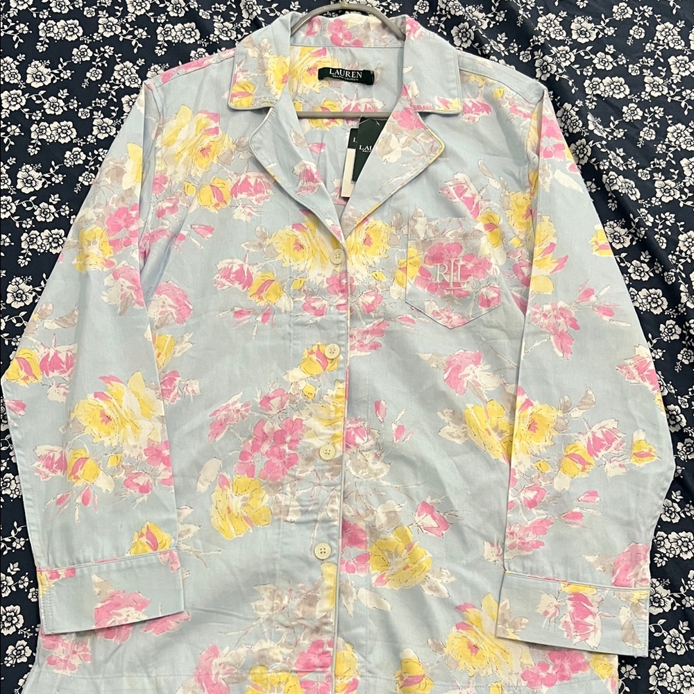 Lauren Ralph Lauren Pastel Blue Floral Button Pajama Top